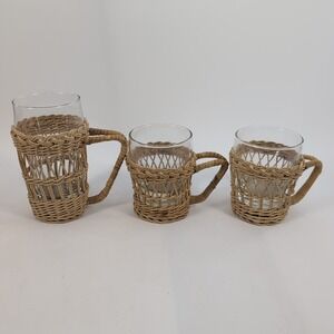 3 Vtg Rattan Wicker Boho Woven Cup Holders with Handles‎ and Glass Cup Inserts